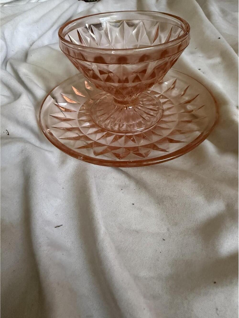 Jeannette Depression Glass Pink WINDSOR DIAMOND Footed SHERBET BOWL And Saucer